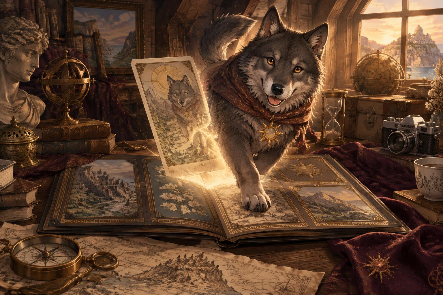A friendly Wolfie stepping from a card in an illustrated booklet