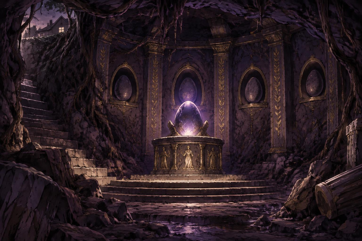 A concealed ancient egg glowing inside a chamber beneath the house