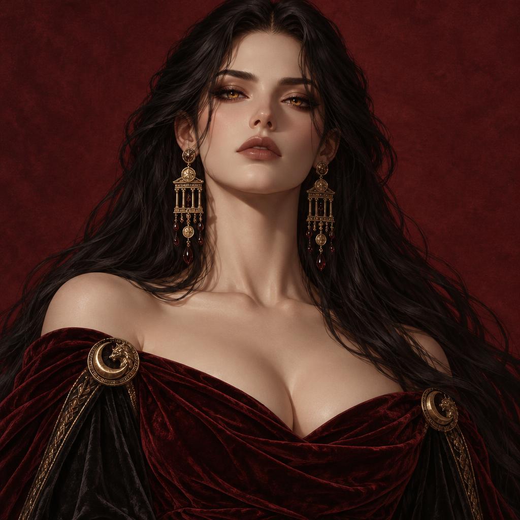 Selene Crow, Off-shoulder gown in Oxblood & black