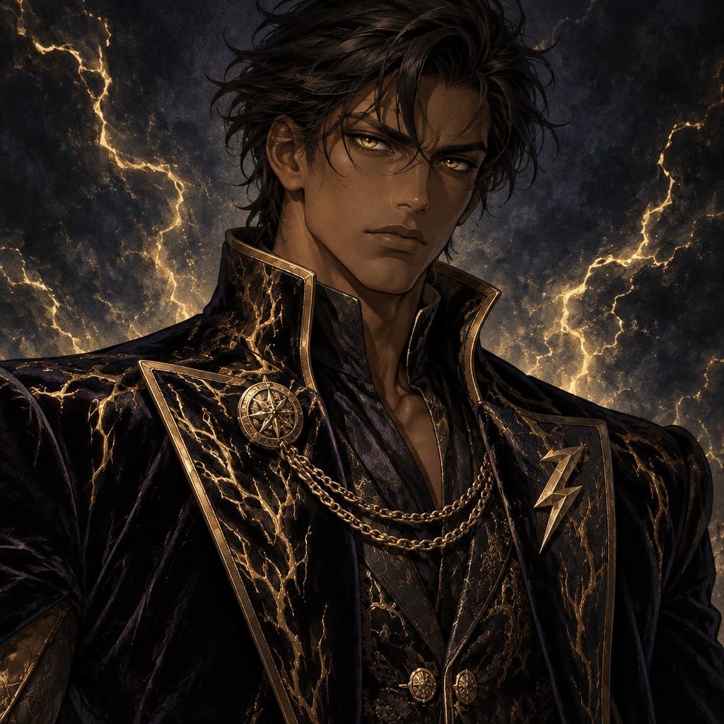 Taran Volt, High-collar frock coat in Midnight & gold