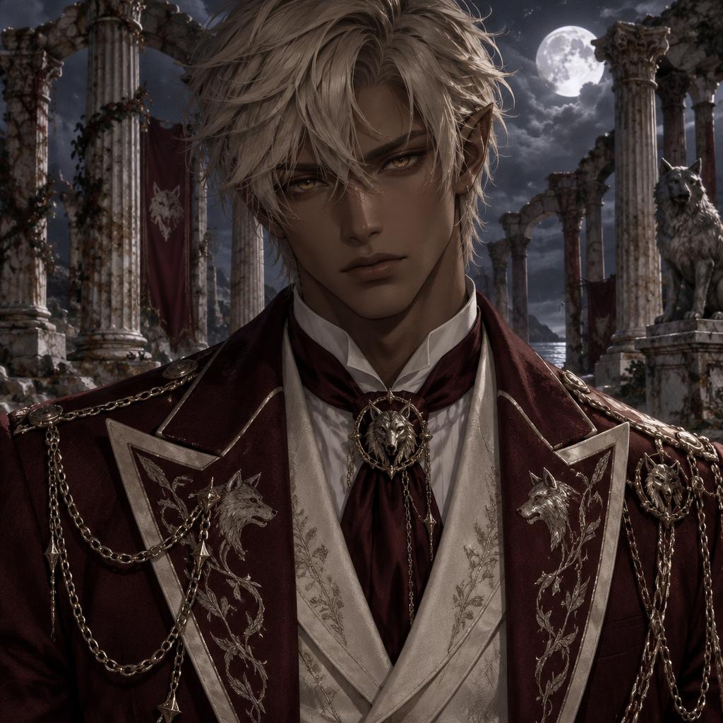 Morrow Wolf, Chain-draped suit in Oxblood & ivory