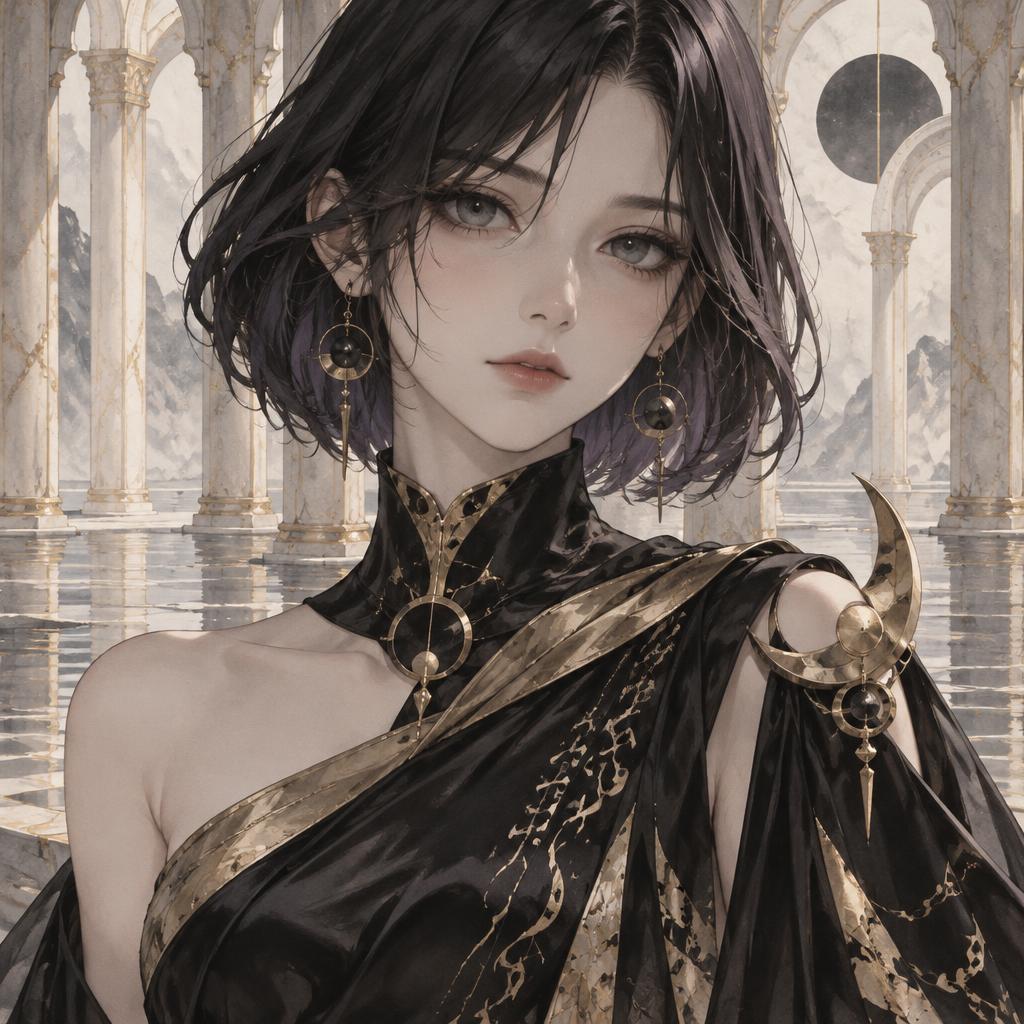 Nyx Threshold, Asymmetric ink gown in Black & gold